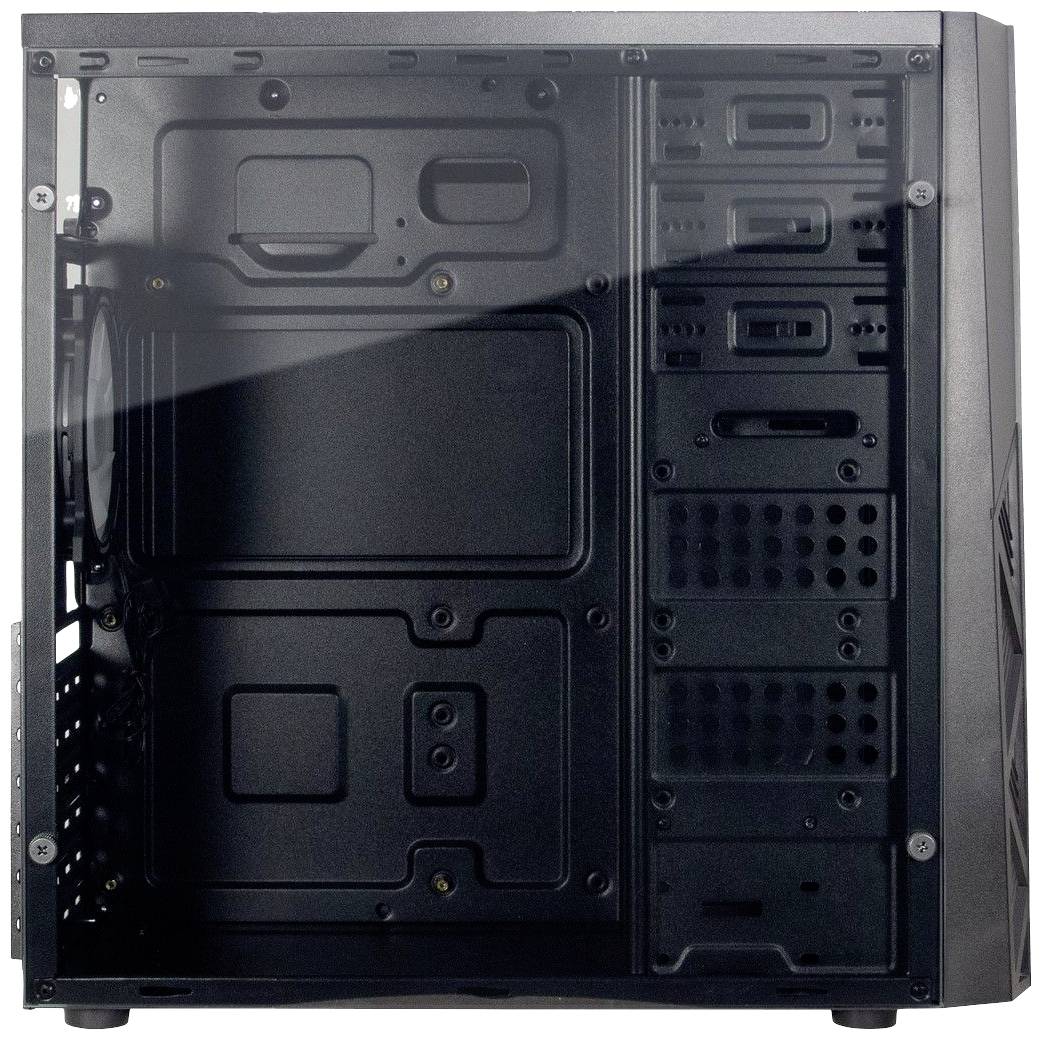 Ein leeres Computergehäuse in Schwarz mit sichtbaren Laufwerksschächten und einer transparenten Seitenwand aus Glas.