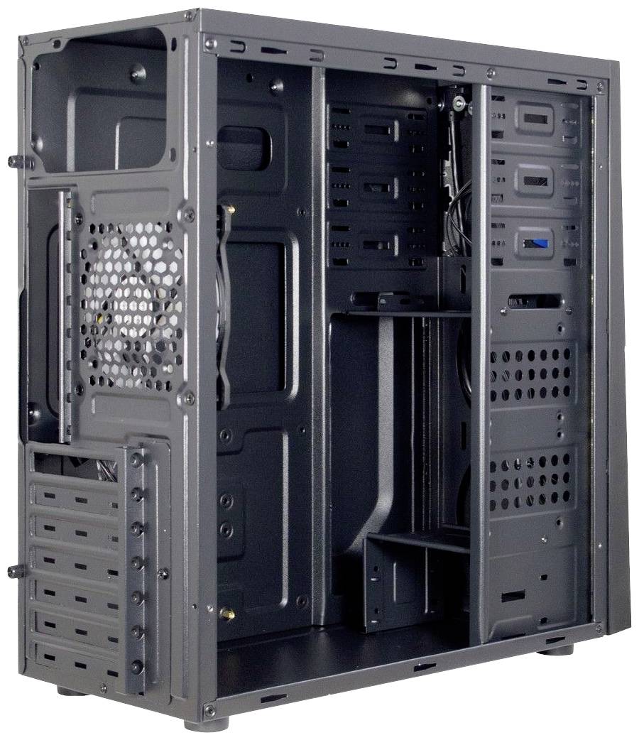 Leeres schwarzes Computergehäuse, innen sichtbar. Rechte Seite geöffnet mit Lüftergitter und Platz für Hardwarekomponenten.