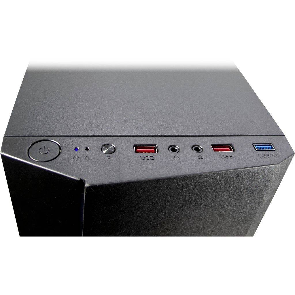 Schwarzes Computergehäuse in Nahaufnahme, zeigt Power-Knopf, zwei USB 3.0-, einen USB 2.0-Port und Audioanschlüsse auf der Vorderseite.