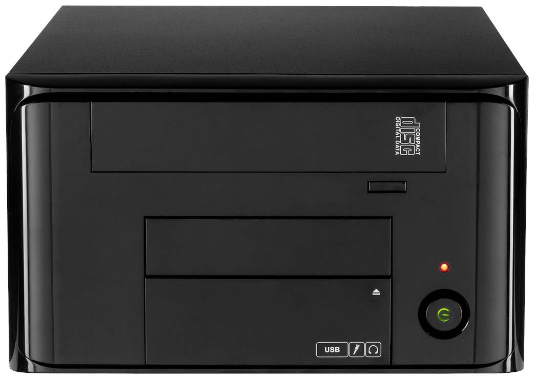 Schwarzer Desktop-Computer mit sichtbaren USB-Anschluss und Einschaltknopf an der Vorderseite. LED-Anzeige leuchtet rot.