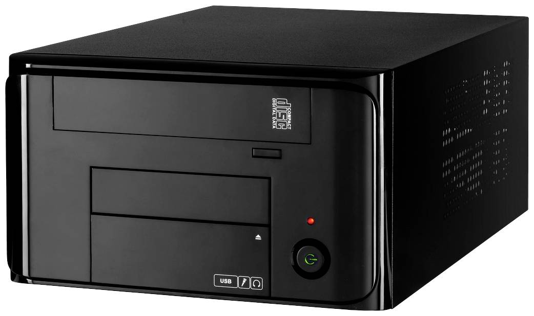 Schwarzer Desktop-Computer mit USB-Anschluss auf der Vorderseite, grüner Ein-/Ausschaltknopf und kleines Logo oben.