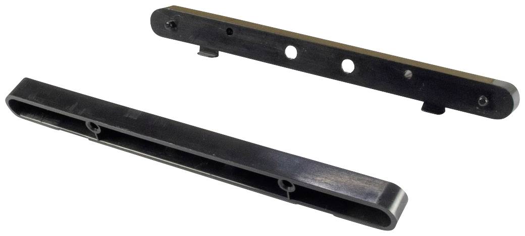 Zwei schwarze Metallteile mit Löchern und Schlitzen; obere Ansicht zeigt runde Öffnungen, untere Ansicht zeigt längliche Öse.