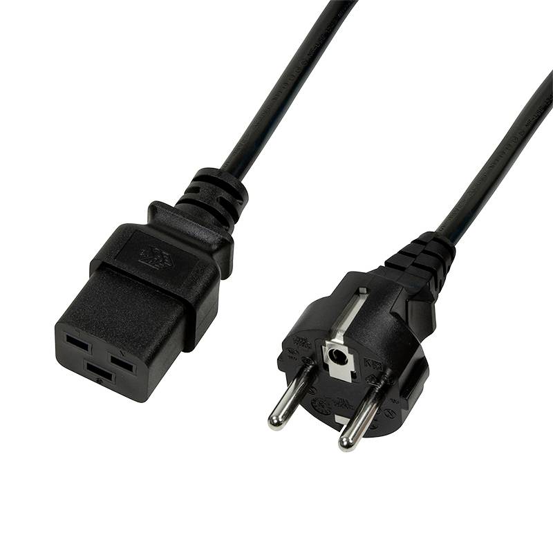 Schwarzes Netzkabel mit C13-Buchse und Schukostecker. Geeignet für die Stromversorgung von Computern und anderen elektronischen Geräten.