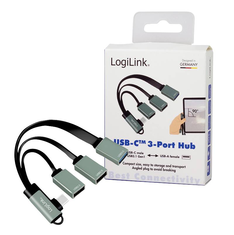 LogiLink USB-C 3-Port Hub mit kompakter Bauweise, geeignet für einfachen Transport. Enthält drei Anschlüsse zur Erweiterung der Konnektivität.