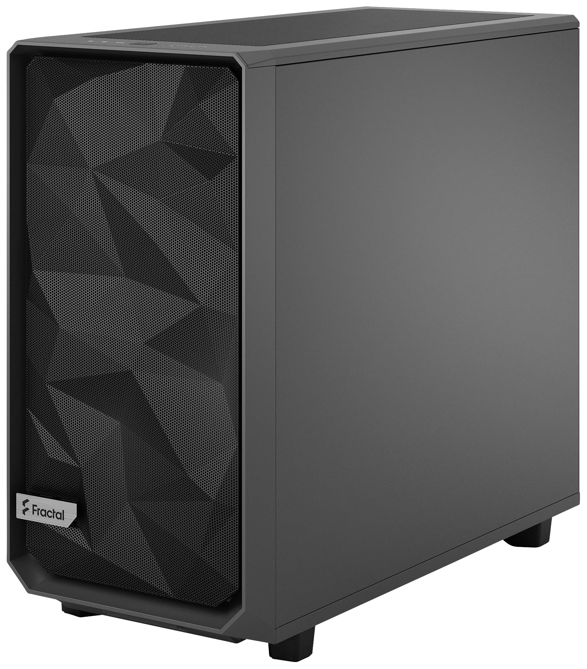 Schwarzes Computergehäuse mit geometrisch geformter Frontblende und kleinem Logo unten links.