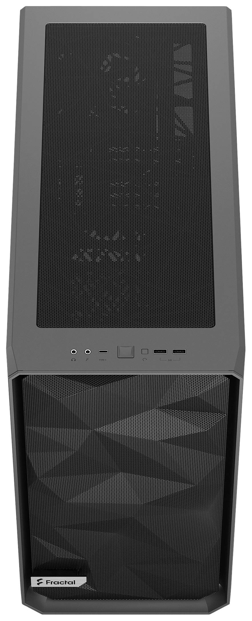 Ein schwarzes, modernes Computergehäuse von Fractal mit minimalistischem Design und Mesh-Front für optimale Belüftung.
