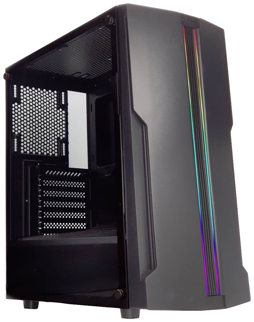 Ein schwarzes PC-Gehäuse mit vertikalem RGB-Lichtstreifen an der Vorderseite. Links sind Lüftungsschlitze sichtbar, Innenraum leer.