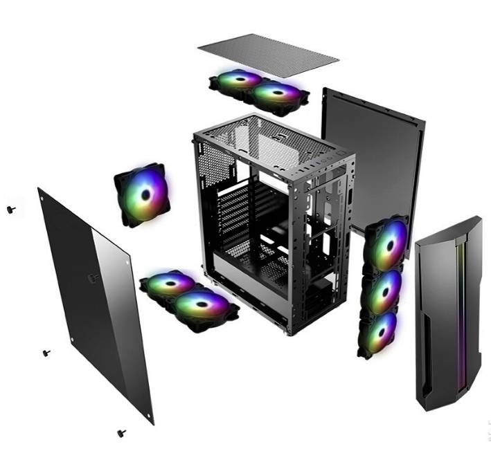 Explodierte Ansicht eines Computergehäuses mit RGB-Lüftern, transparenten Seitenpaneelen und abgenommenen Oberteilen.