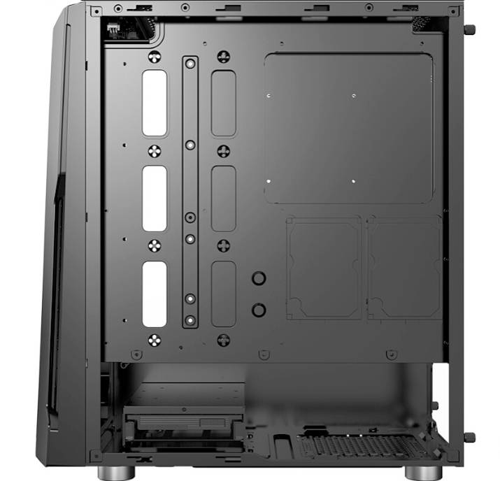 Computergehäuse-Innenraum mit offenen Seiten, zeigt Befestigungspunkte für Hauptplatine, Platz für Laufwerke und Kabelmanagement-Schlitze.