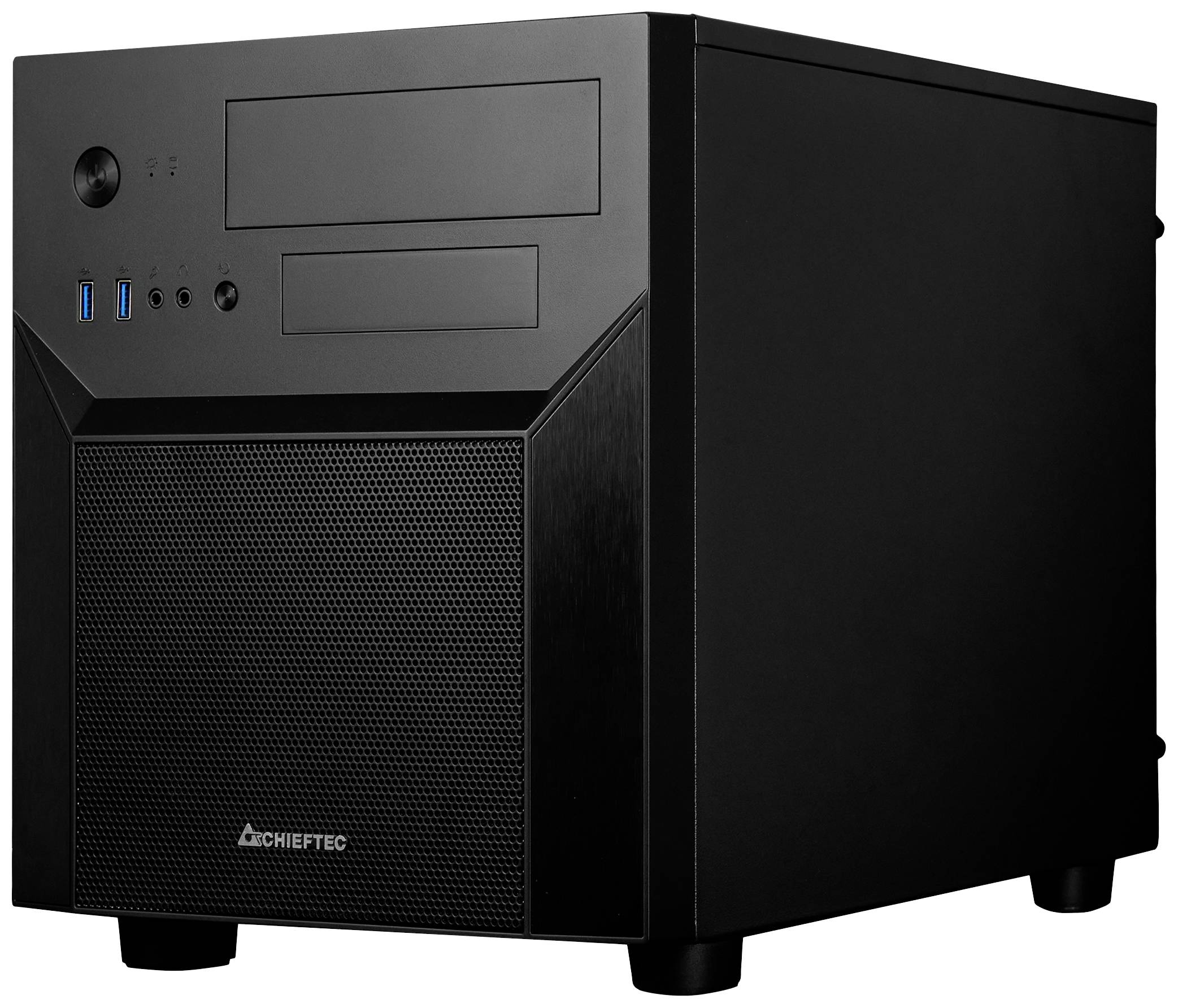 Ein schwarzes Desktop-Computergehäuse mit USB-Anschlüssen und Lüftungsgitter an der Vorderseite. Es steht auf einer weißen Oberfläche.