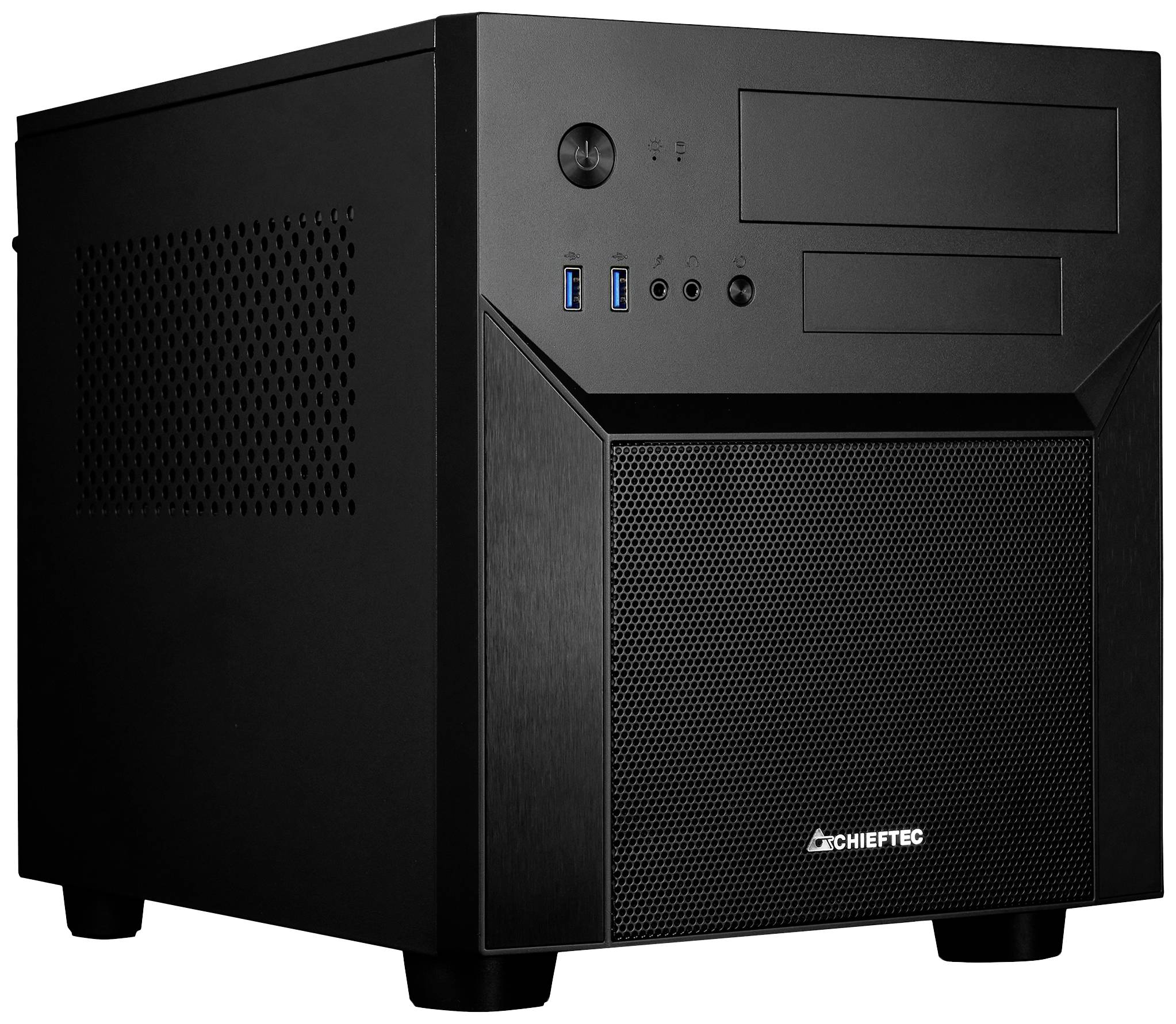 Ein schwarzes, rechteckiges Computergehäuse mit Frontanschlüssen und Markenlogo. Ventilationsöffnungen an der Seite.