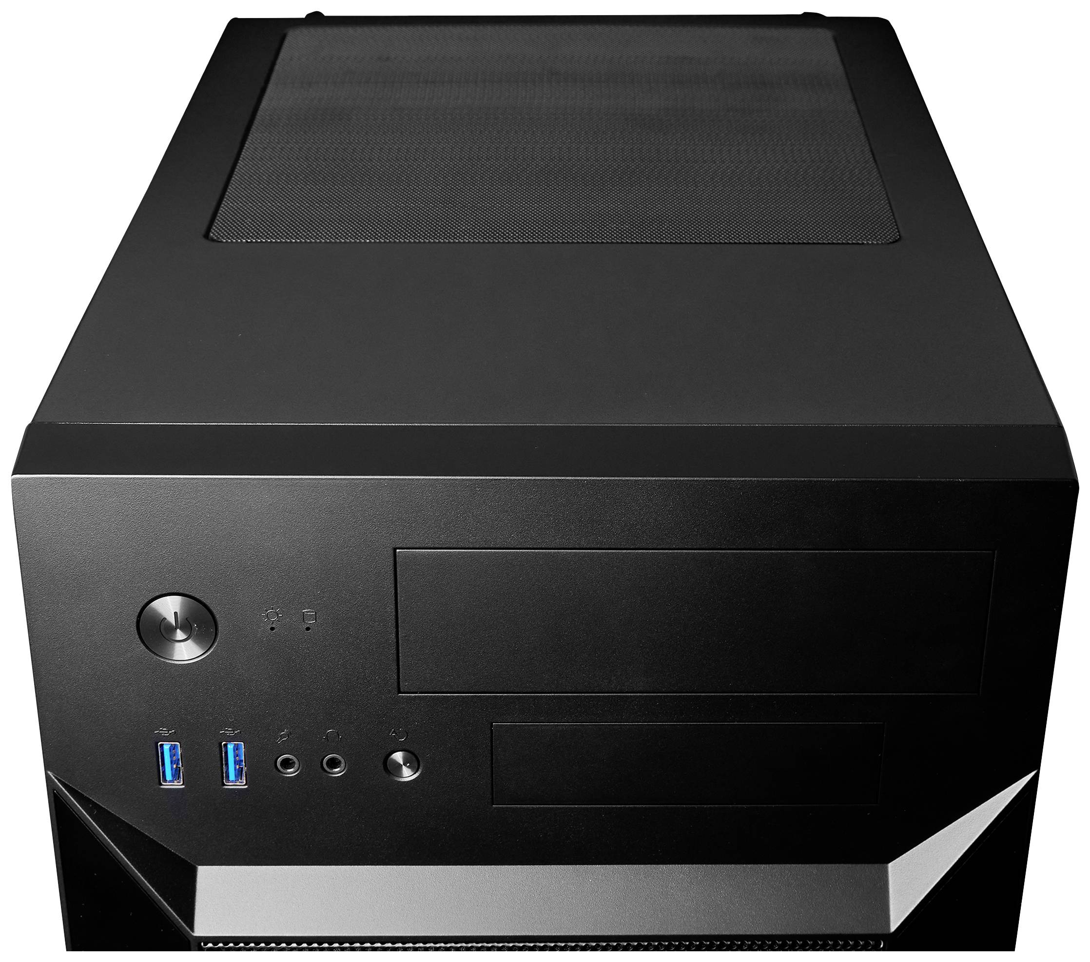 Schwarzes Computergehäuse in Würfelform mit USB-Anschlüssen und Power-Button auf der Vorderseite.