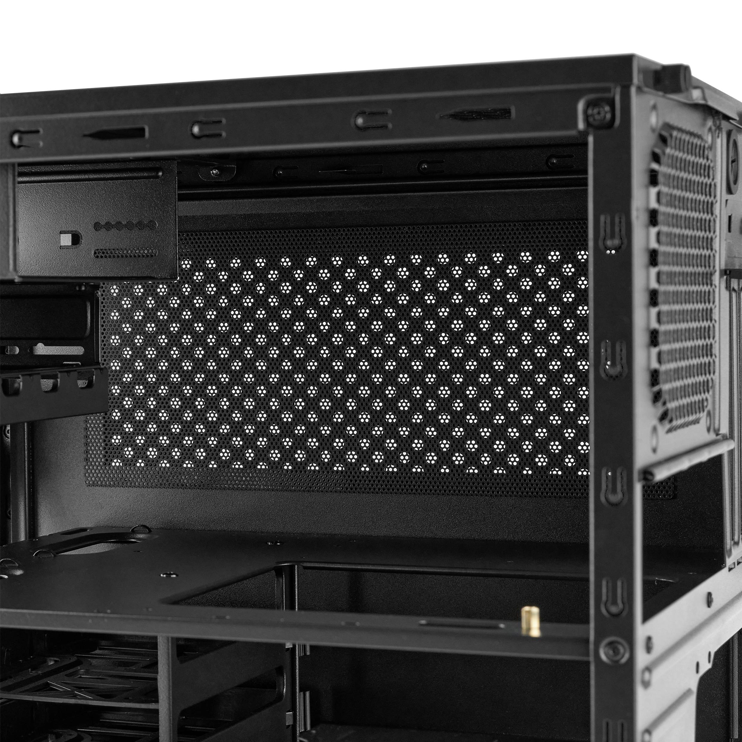 Innenansicht eines leeren Computergehäuses mit sichtbaren Laufwerksschächten, Belüftungsöffnungen und Platz zur Montage von Komponenten.