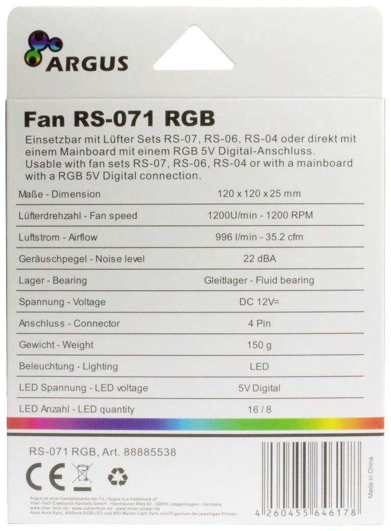 Inter-Tech RS-071 RGB PC-Gehäuse-Lüfter Schwarz, Weiß