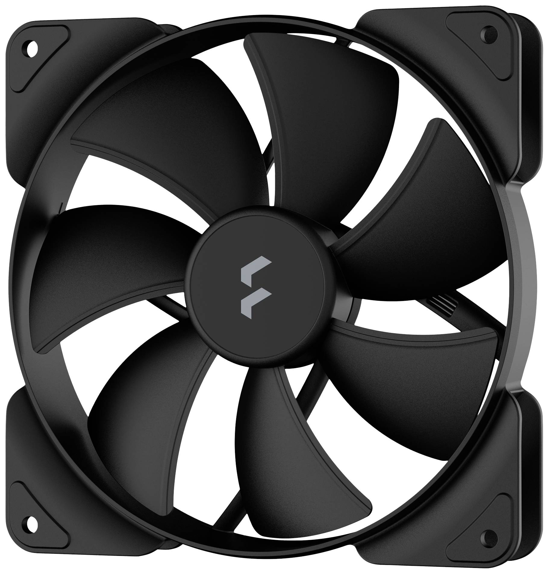Schwarzer Computerlüfter mit fünf Rotorblättern in quadratischem Gehäuse; optimiert für Kühlung und effiziente Belüftung.