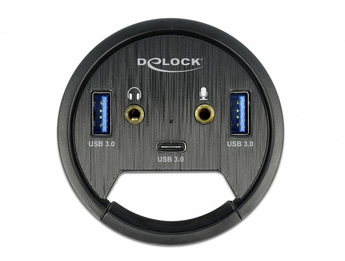 Ein schwarzes Delock-USB-Panel mit zwei USB-3.0-Ports, einem USB-C-Port und Anschlüssen für Kopfhörer und Mikrofon.