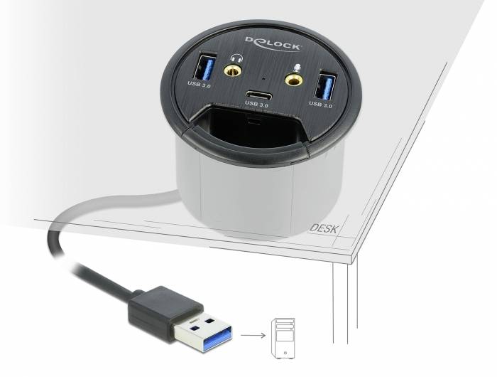 USB-Hub mit zwei USB 3.0-Anschlüssen und Audioanschlüssen, integriert in einen Tisch. Verbunden mit einem USB-Kabel zu einem Computer.