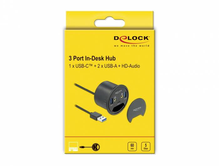 Verpackung eines Delock 3 Port In-Desk Hubs mit 1x USB-C und 2x USB-A Anschlüssen für den Einbau in Schreibtische, inklusive HD-Audio.
