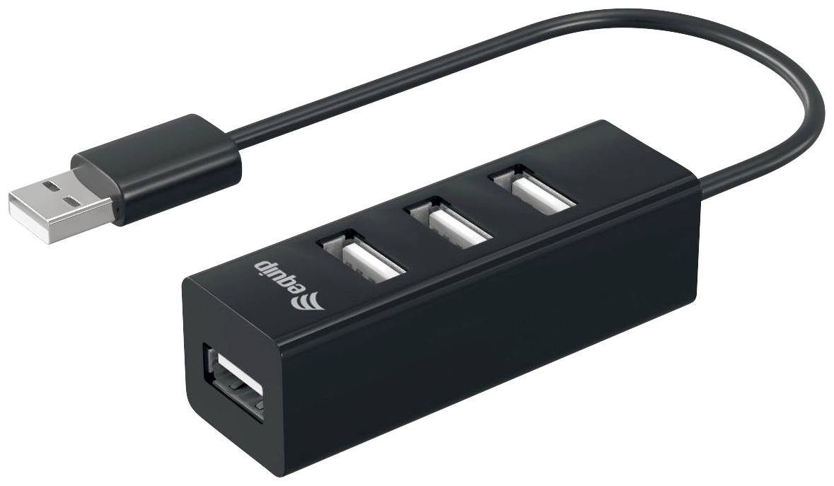 Schwarzer USB-Hub mit drei USB-Anschlüssen und einem USB-Stecker an einem kurzen Kabel.