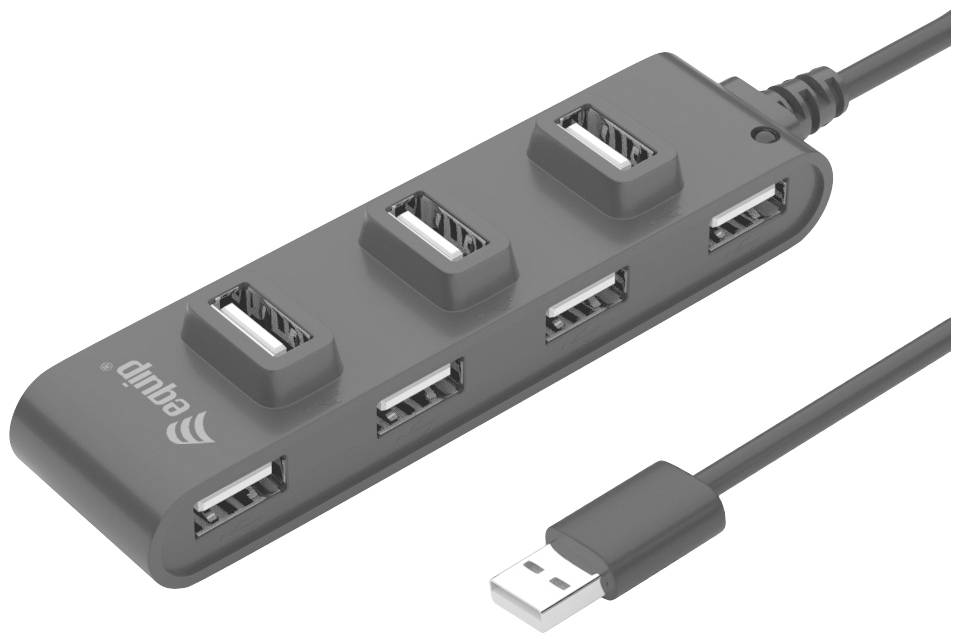 Ein grauer USB-Hub mit vier USB-Anschlüssen und einem eingestecktem USB-Kabel.