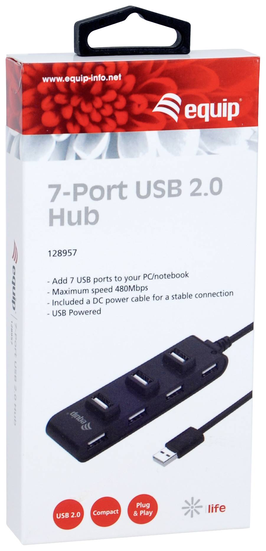 '7-Port USB 2.0 Hub von equip' Verpackung. Bietet 7 USB-Anschlüsse, 480 Mbps Geschwindigkeit, enthält ein DC-Stromkabel.