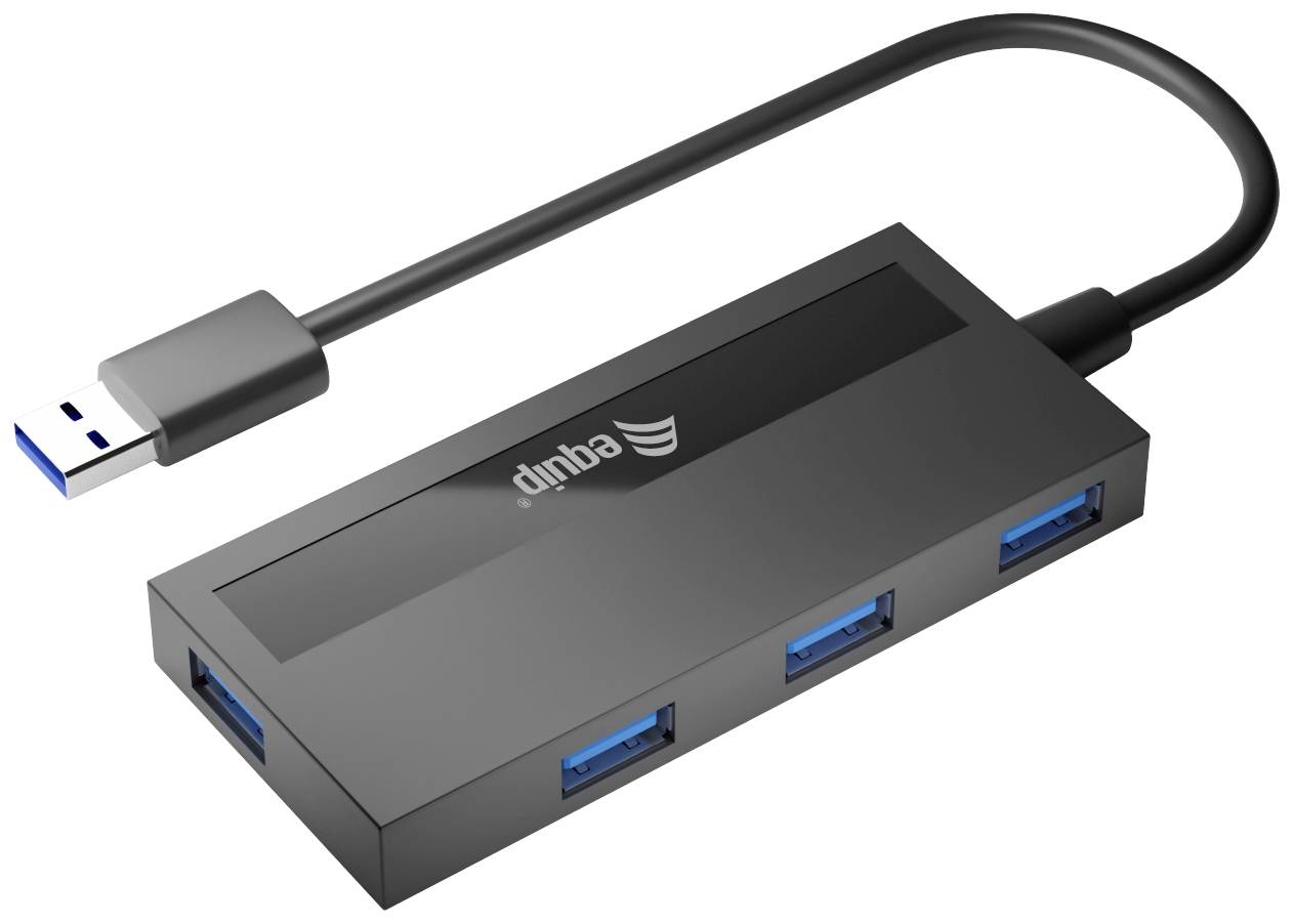 Ein schwarzer USB-Hub mit vier blauen USB-Anschlüssen und einem Kabel. Markenname 'dimba' in Weiß auf der Oberfläche.