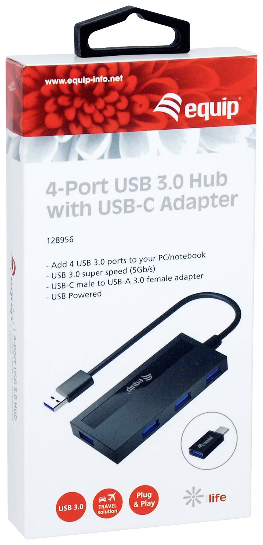 'USB 3.0 4-Port Hub mit USB-C Adapter' Verpackung. Enthält Produktbild des Hubs und beschreibt Funktionen wie 5Gb/s Geschwindigkeit und USB-C zu USB-A Adapter.