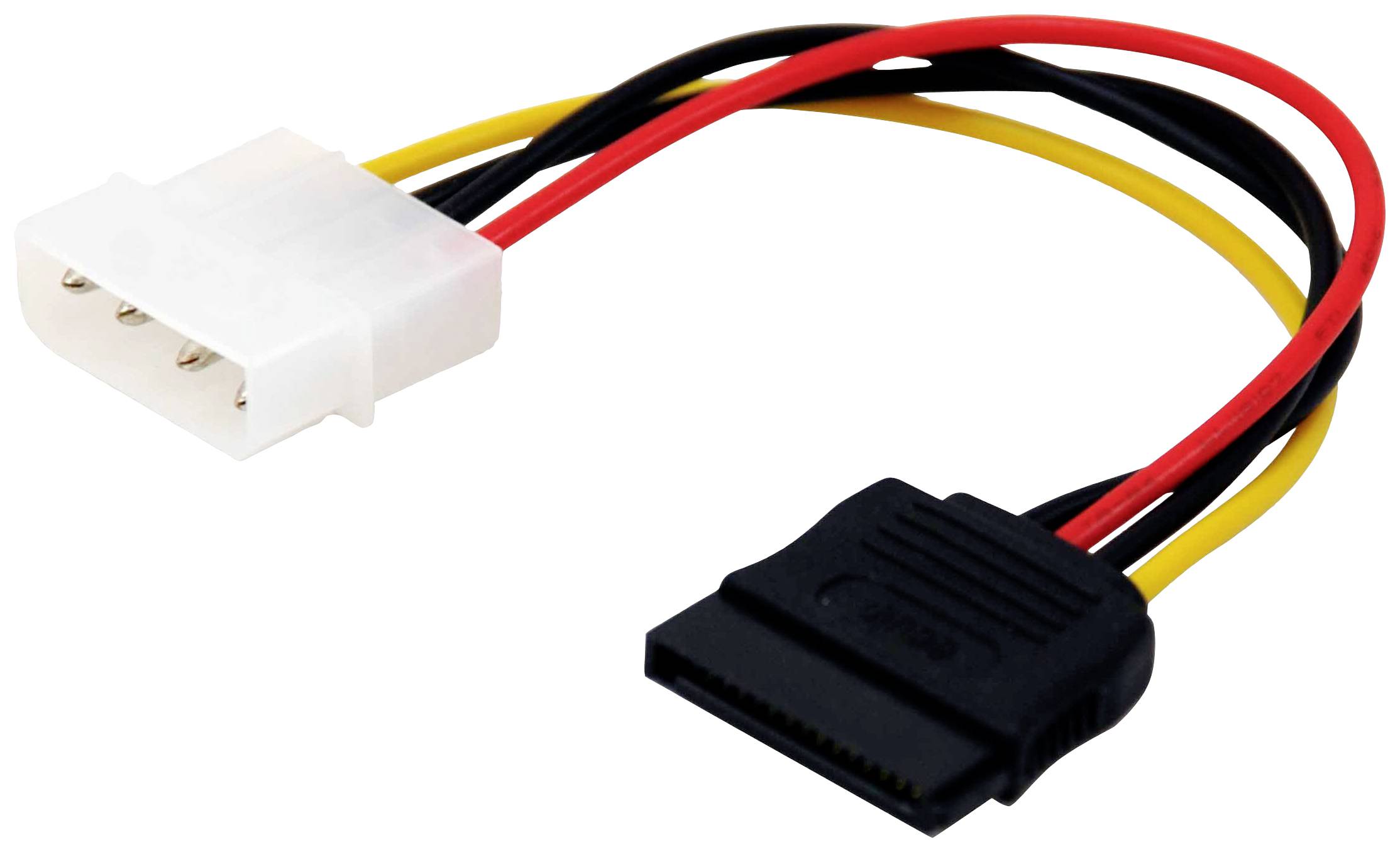 Stromadapterkabel mit einem weißen 4-Pin-Molex-Stecker und einem schwarzen SATA-Stromanschluss, verwendet für PC-Komponenten.