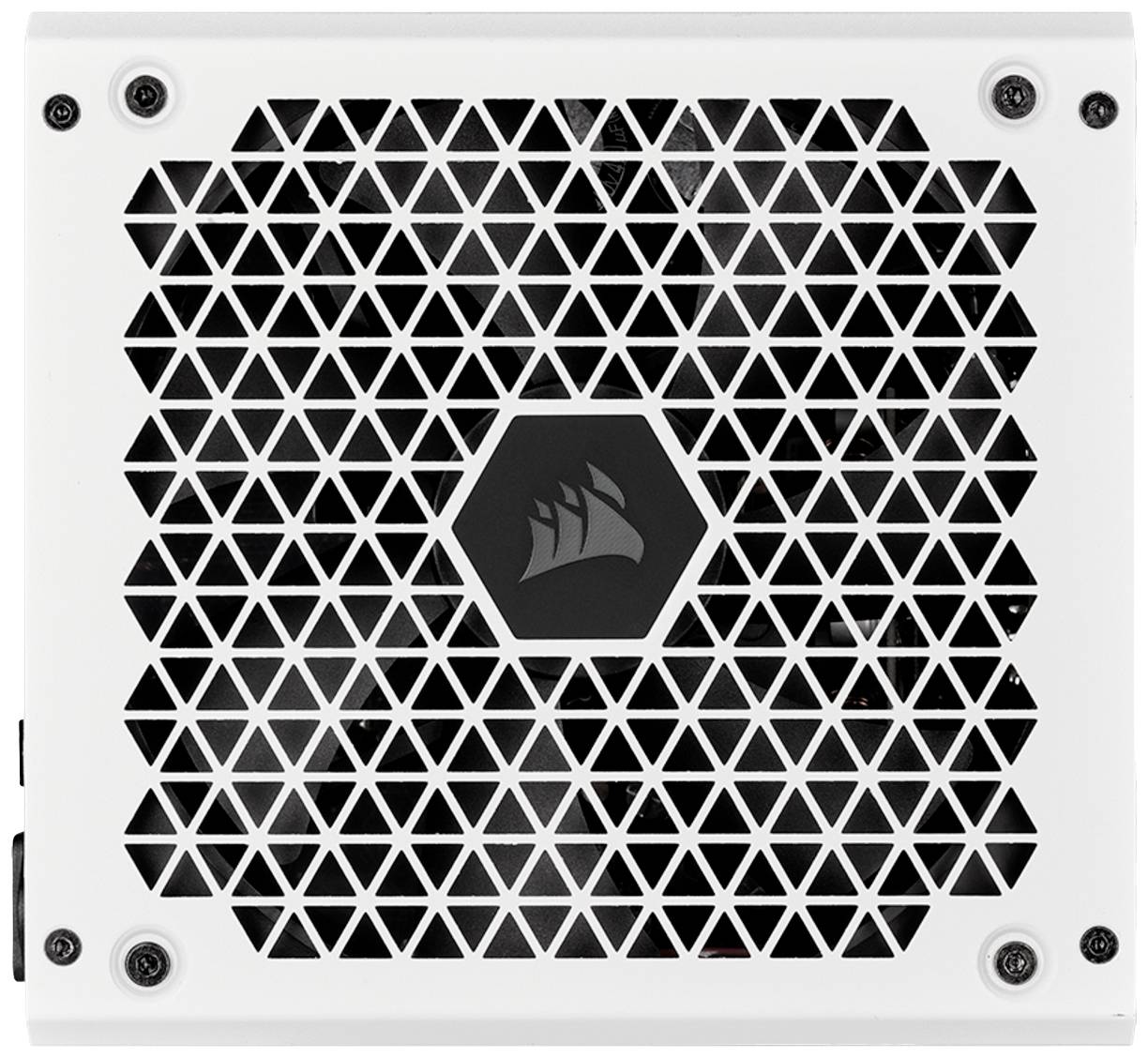 Ein weißes Computernetzteil mit Wabenmuster auf dem Lüftergitter, erkennbar an einem zentralen Logo.