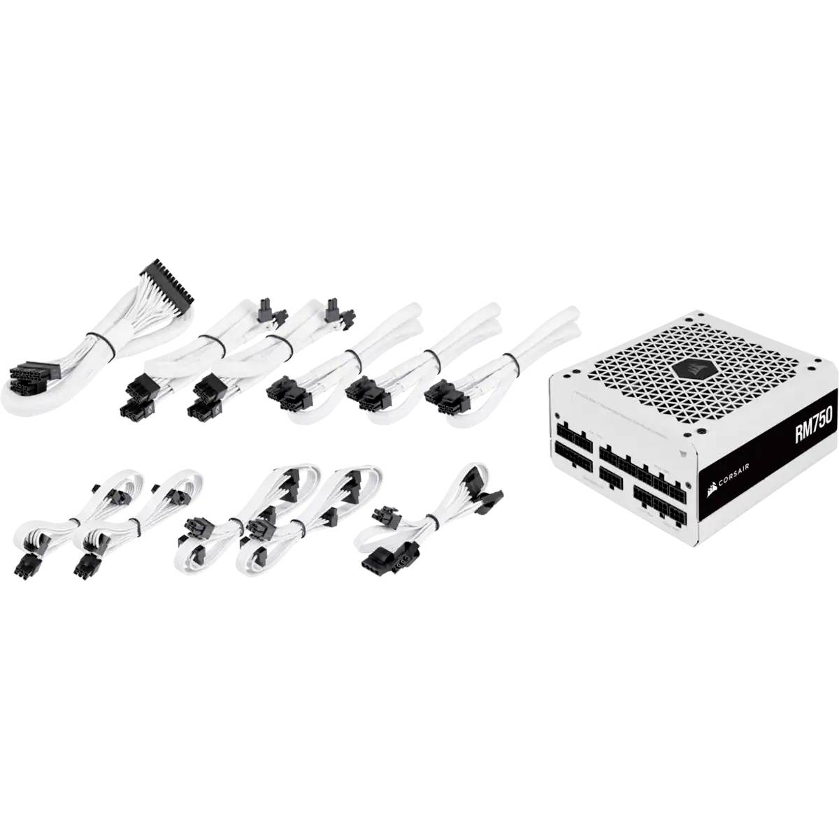 Ein weißes Computernetzteil mit abnehmbaren Kabeln wird gezeigt, einschließlich verschiedener Anschlusskabel für PC-Komponenten.