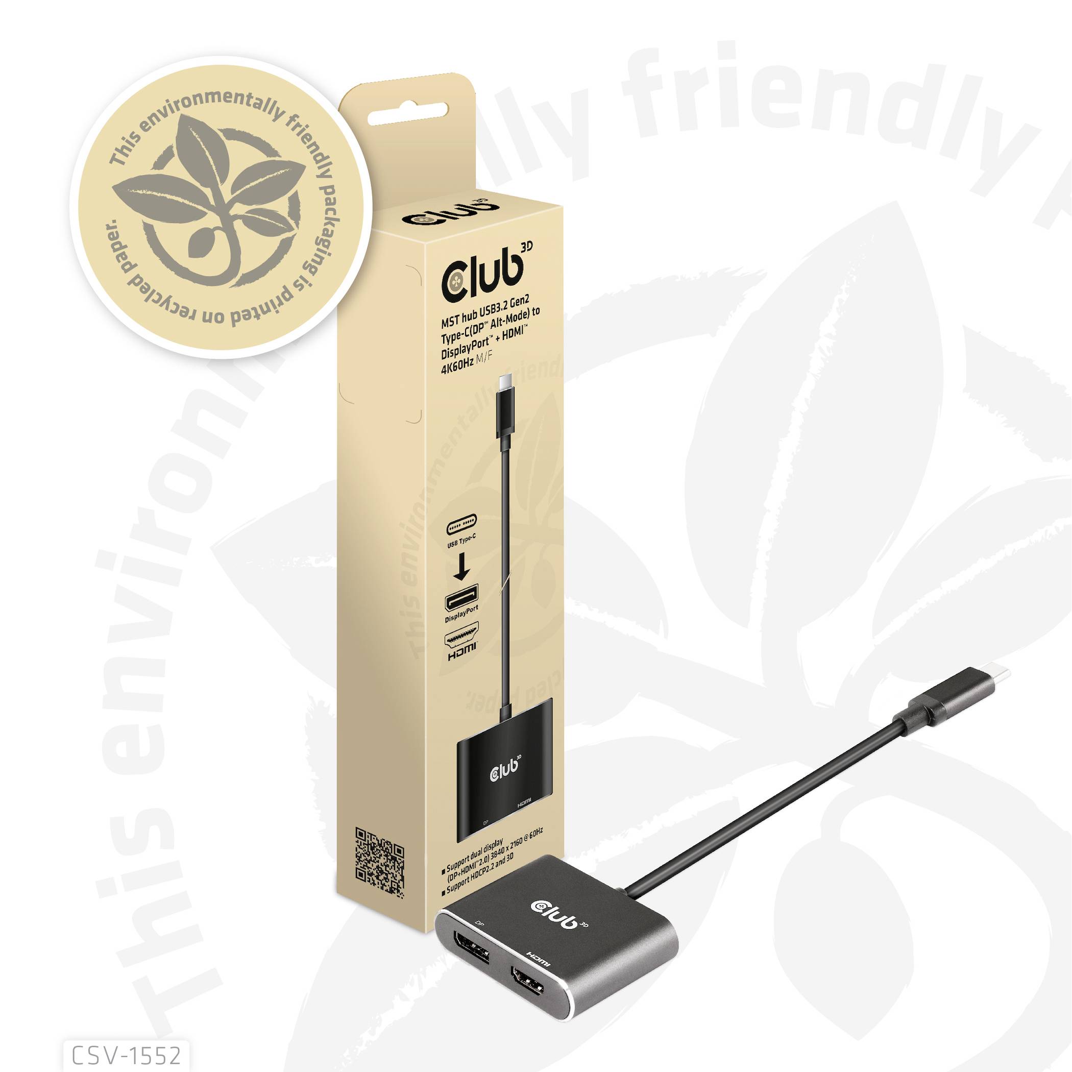 'Club adapter USB-C zu HDMI 2.0' Produktschachtel mit Logo für umweltfreundliche Verpackung zeigt Kabel und Adapter vor Hintergrundgrafik.