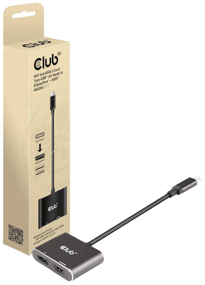 'Club 3D USB 3.2 Gen1 Type-C auf HDMI 1.0 Adapter' zeigt Verpackung und Adapter. Adapter hat zwei HDMI-Anschlüsse und ein USB-C-Kabel.