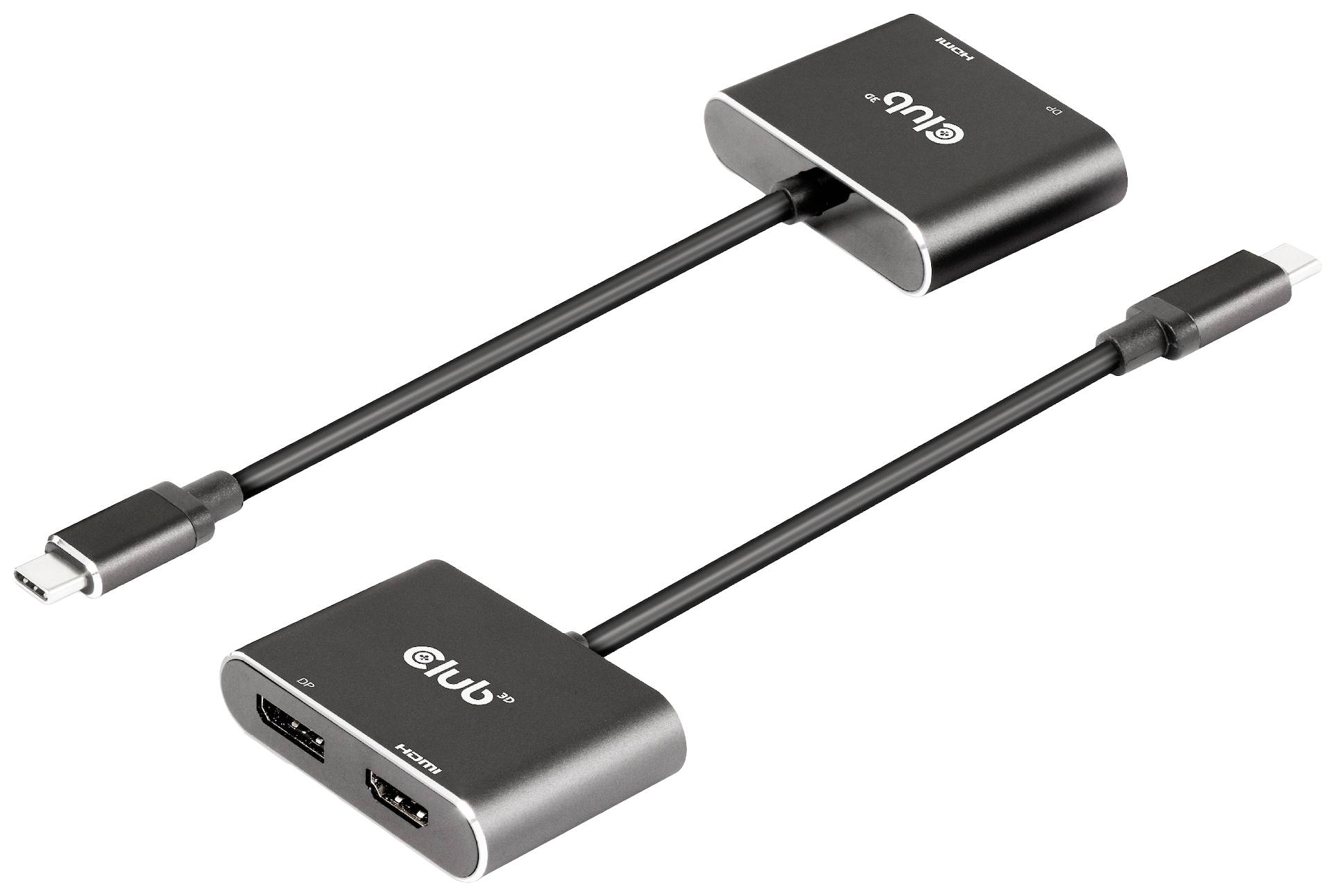 USB-C-Adapter mit zwei HDMI-Anschlüssen, ermöglicht den Anschluss mehrerer Bildschirme an ein Gerät. Silbernes, kompaktes Design.