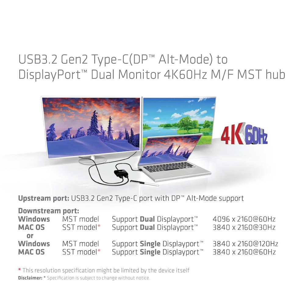 'USB3.2 Gen2 Type-C zu DisplayPort Dual Monitor 4K60Hz M/F MST Hub.' Zwei Monitore mit Landschaft, technische Daten unten.