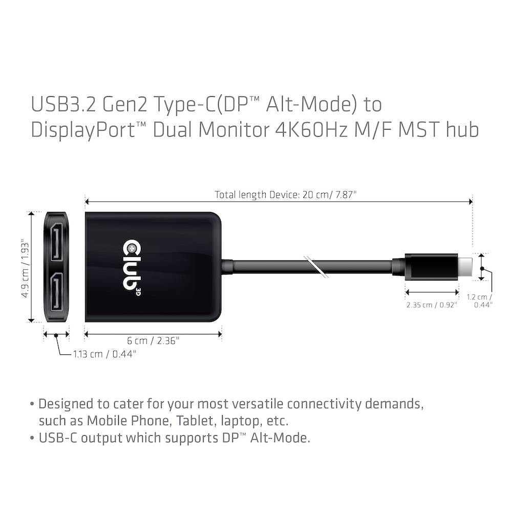 'USB 3.2 Gen2 Type-C zu DisplayPort Dual Monitor 4K60Hz M/F MST-Hub'. Schwarz, quadratische Abzweigung vom Kabel, zwei DP-Anschlüsse.