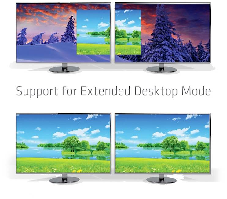 Vier Monitore zeigen verschiedene Landschaften. Oben: Winter- und Sommerlandschaft. Unten: Sommerlandschaft. Text: 'Support for Extended Desktop Mode'.