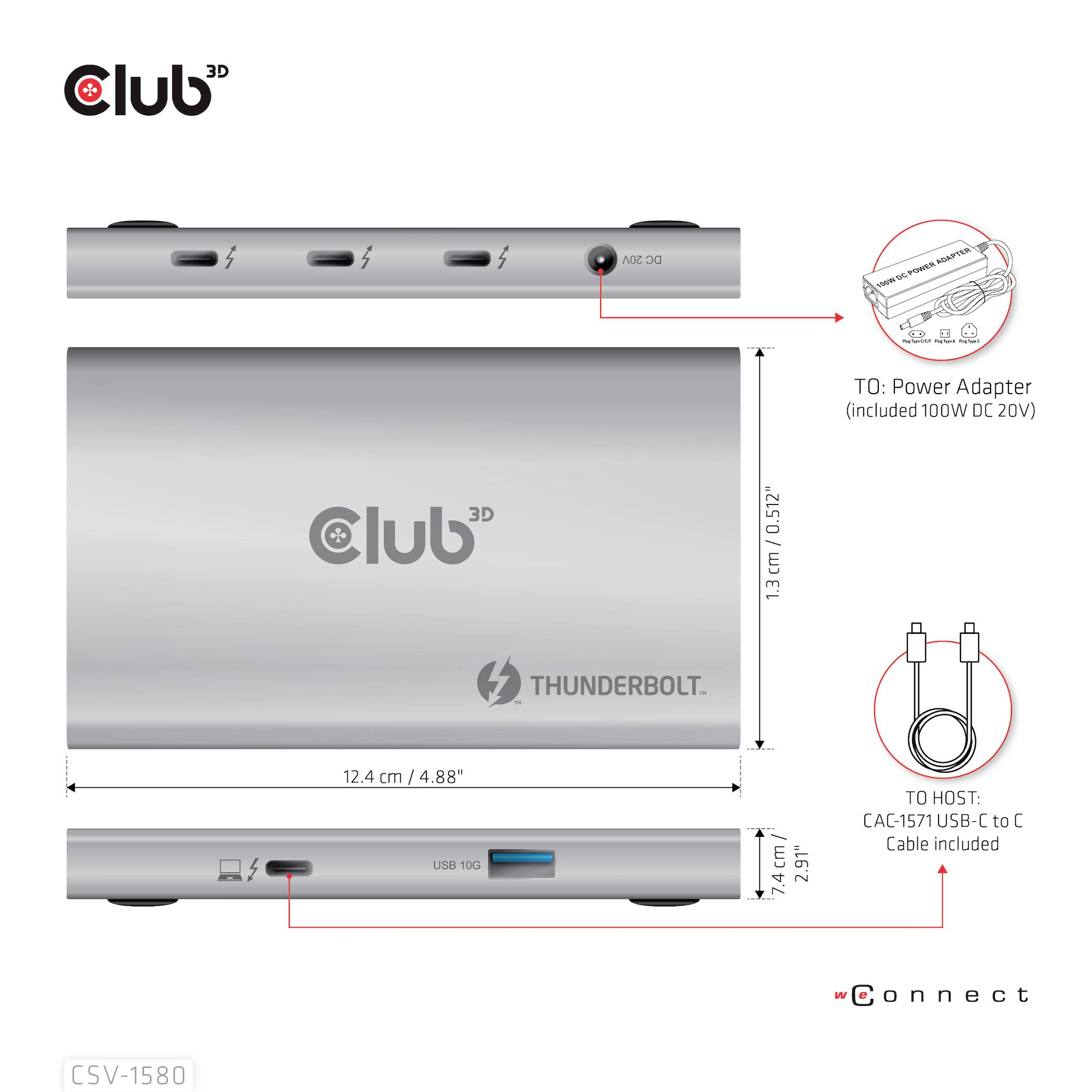 Dockingstation von Club3D, Modell CSV-1580, mit Thunderbolt-Anschluss. Maße: 12,4 cm x 7,4 cm x 1,3 cm. Anschlüsse für Strom und USB.