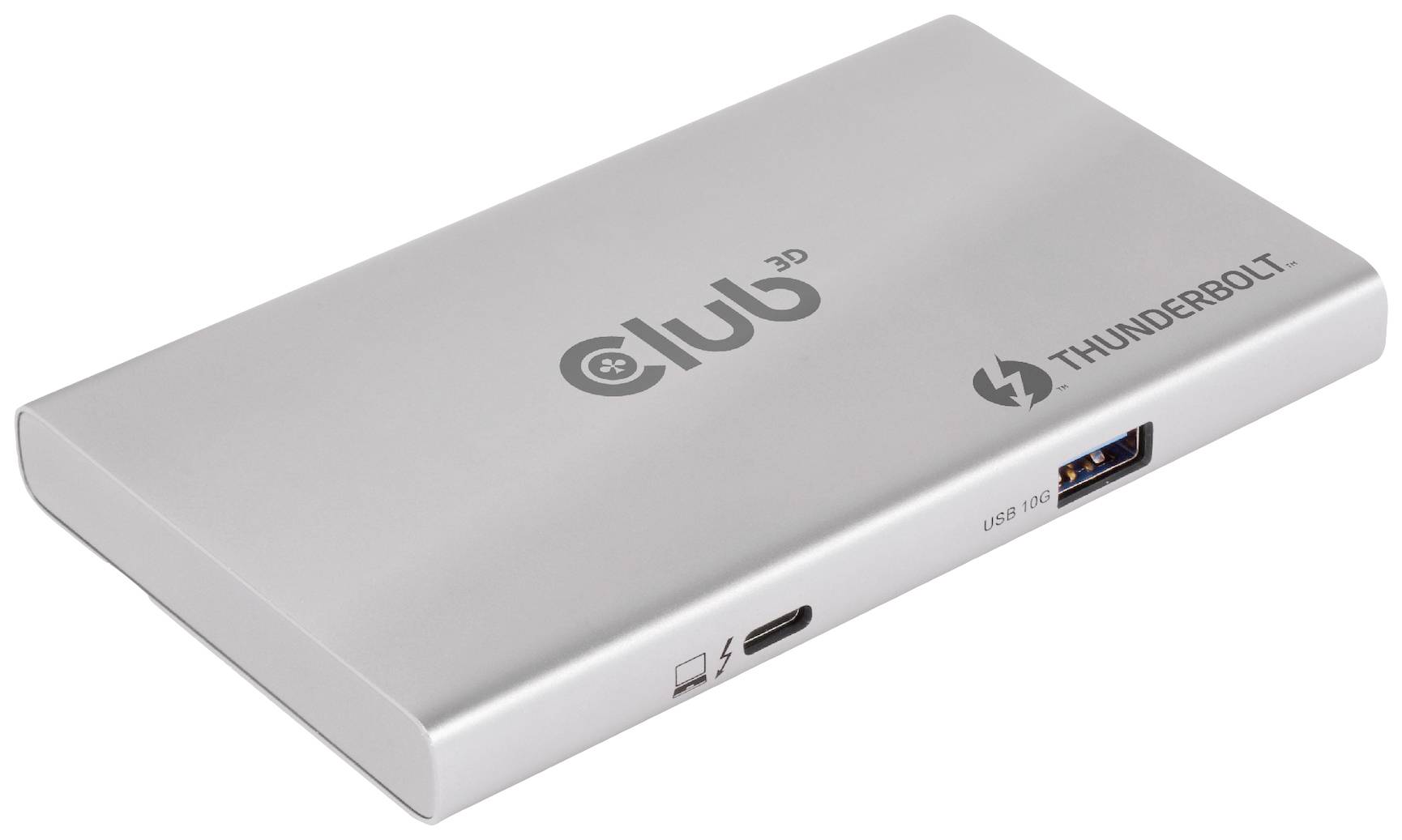 Silbernes Thunderbolt-Gehäuse mit Club-3D-Logo und USB-Anschlüssen.