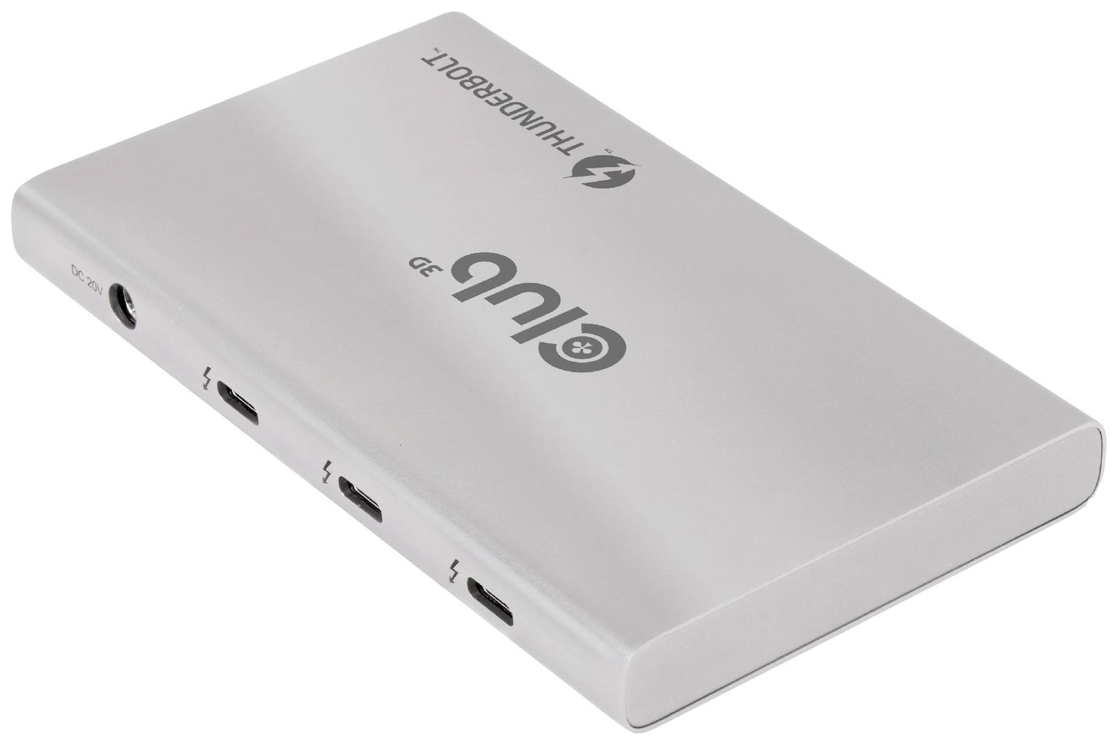 Silberne Thunderbolt-Adapterbox mit drei USB-C-Anschlüssen auf der Seite, Markenname 'Club 3D' oben.