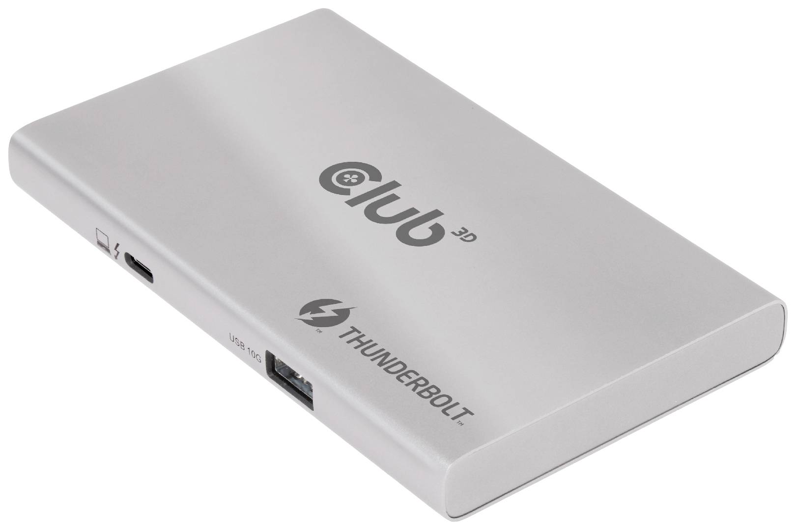 Externe Festplatte 'Club 3D' mit Thunderbolt-Anschluss, silbernes Gehäuse, liegend auf einer Oberfläche.