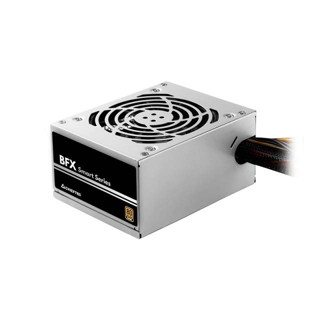 Ein silbernes PC-Netzteil der BFX Smart Series mit Lüftungsschlitzen und Kabelverbindungen, geeignet für Computergehäuse.