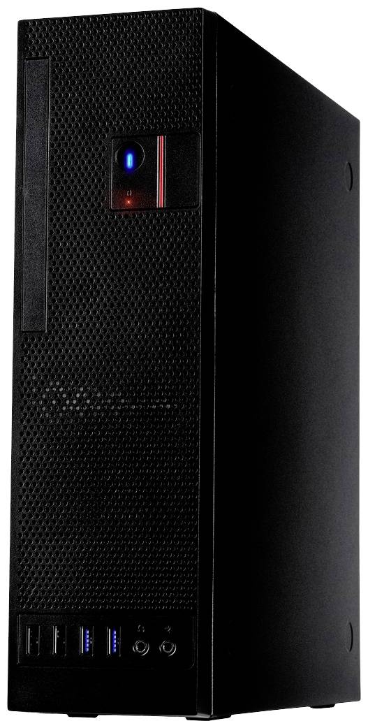 Ein schwarzer Desktop-Computer mit USB-Anschlüssen und Kopfhörerbuchse an der Vorderseite.