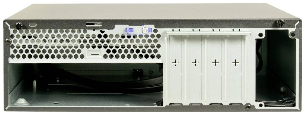 Ein geöffnetes Computergehäuse von hinten, zeigt vier leere Festplattenschächte und ein Gittermuster zur Belüftung.
