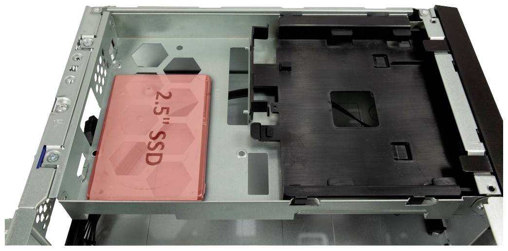 Metallrahmen eines Computergehäuses, der eine 2,5-Zoll-SSD-Festplatte in einem dafür vorgesehenen Steckplatz zeigt.