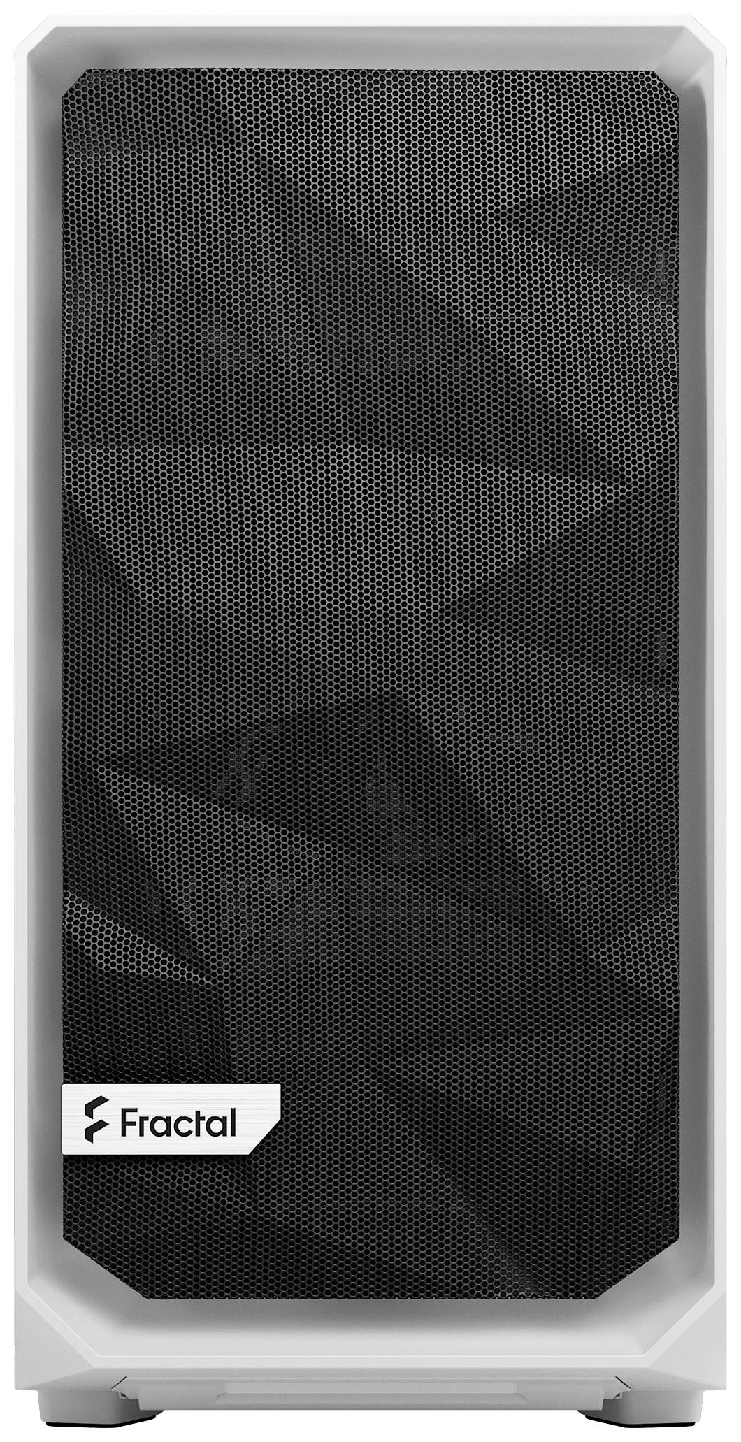Ein weißes Computergehäuse mit schwarzer Mesh-Frontabdeckung. Unten links befindet sich das 'Fractal'-Logo. 안정성 및 통기성을 제공합니다.