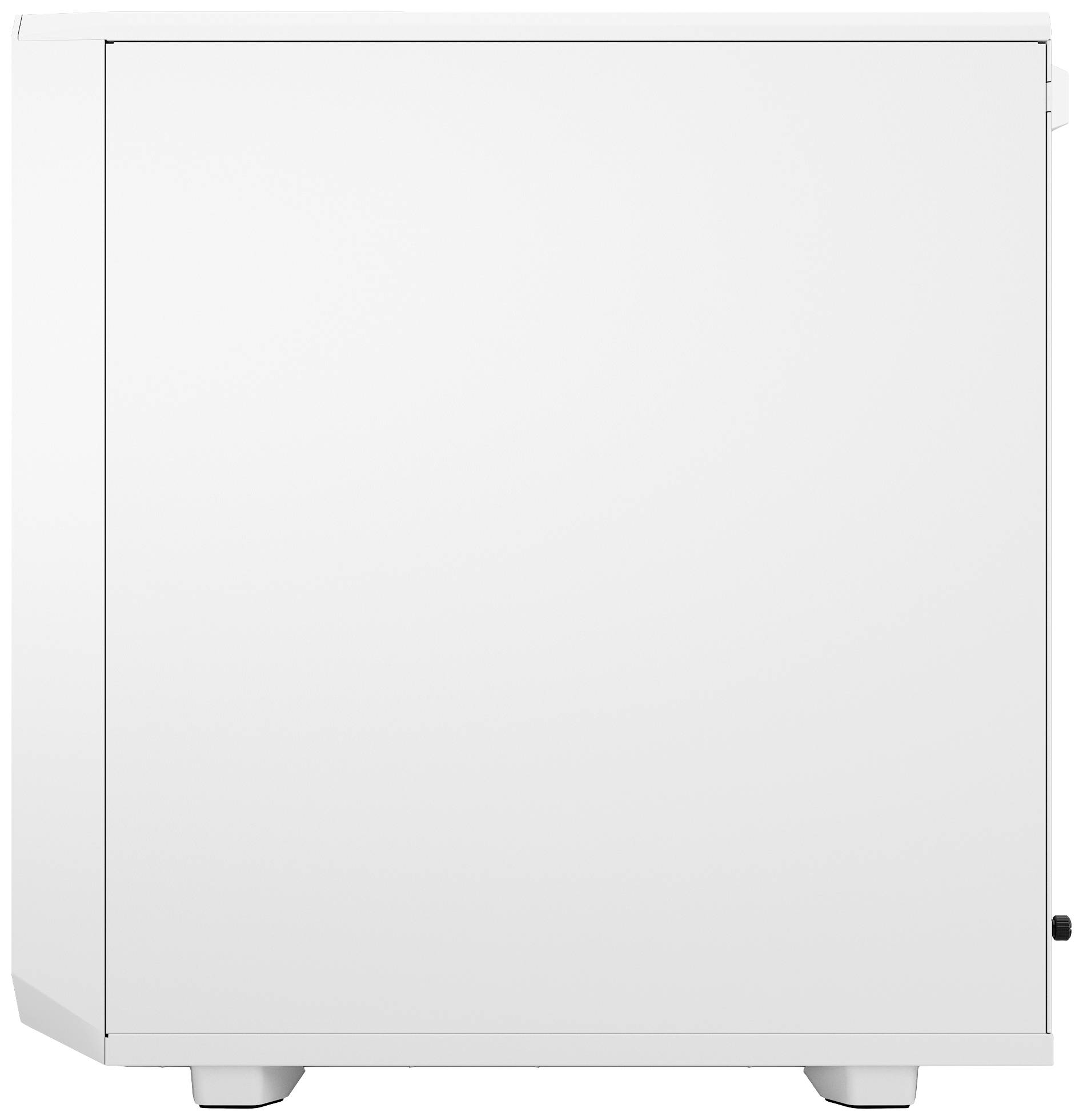 Weißer, rechteckiger Kühlschrank in seitlicher Ansicht mit glatter Oberfläche und minimalistischer Gestaltung.