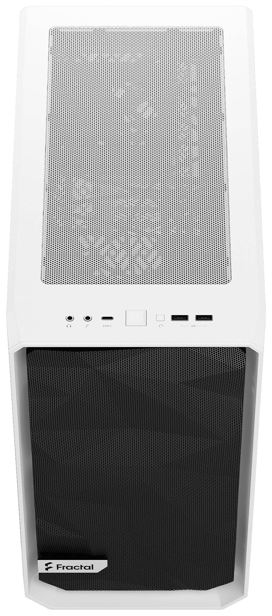 Ein weißes Computergehäuse mit grauem Mesh-Oberteil, zwei USB-Anschlüssen und Fractal-Logo unten.