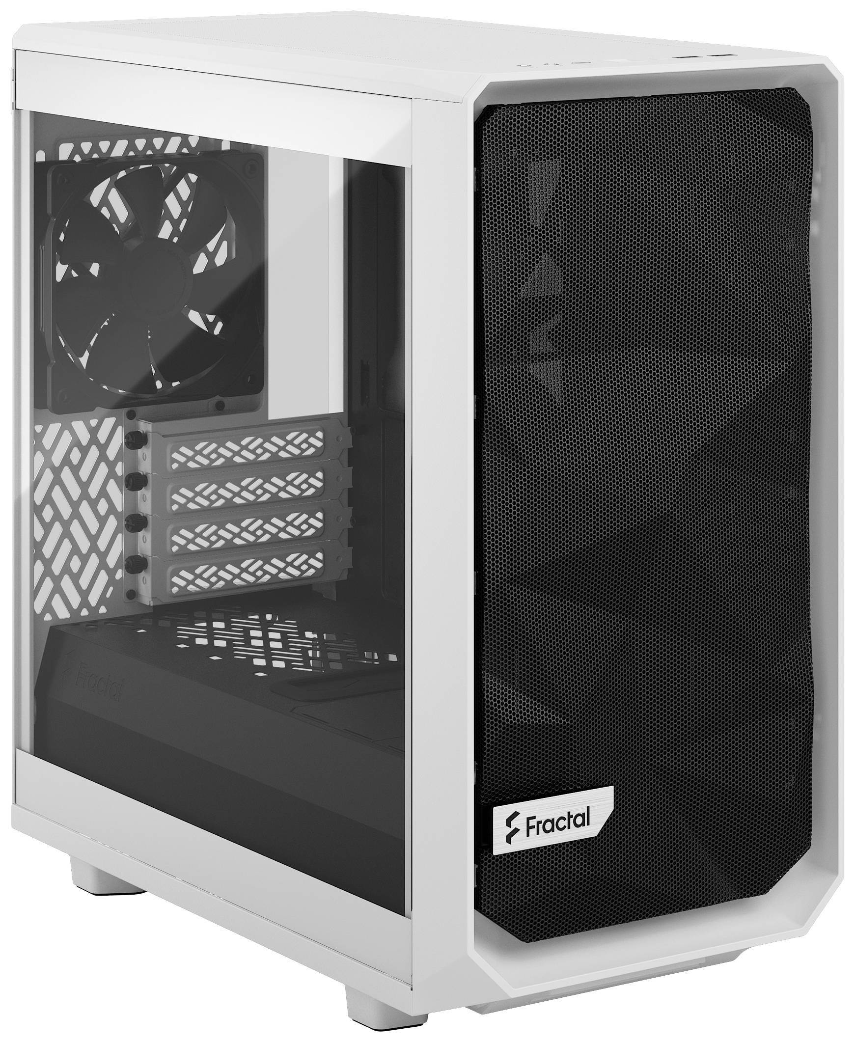 Ein weißes Computergehäuse mit Glas-Seitenwand und Mesh-Frontblende, dazu ein Lüfter im Inneren sichtbar.