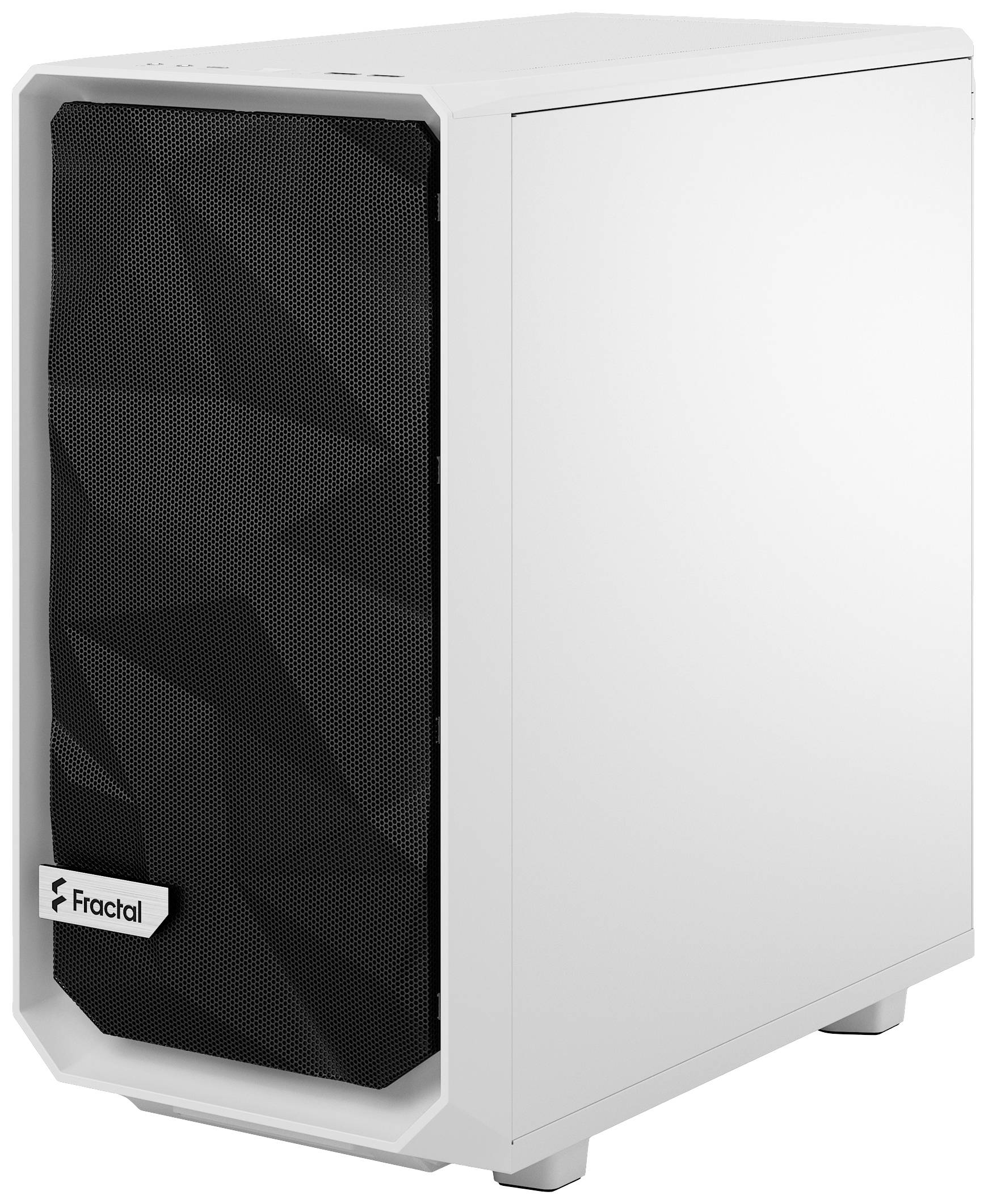 Ein weißes Computergehäuse mit einer schwarzen, geometrischen Frontblende von Fractal. Geeignet für PC-Bau mit guter Belüftung.