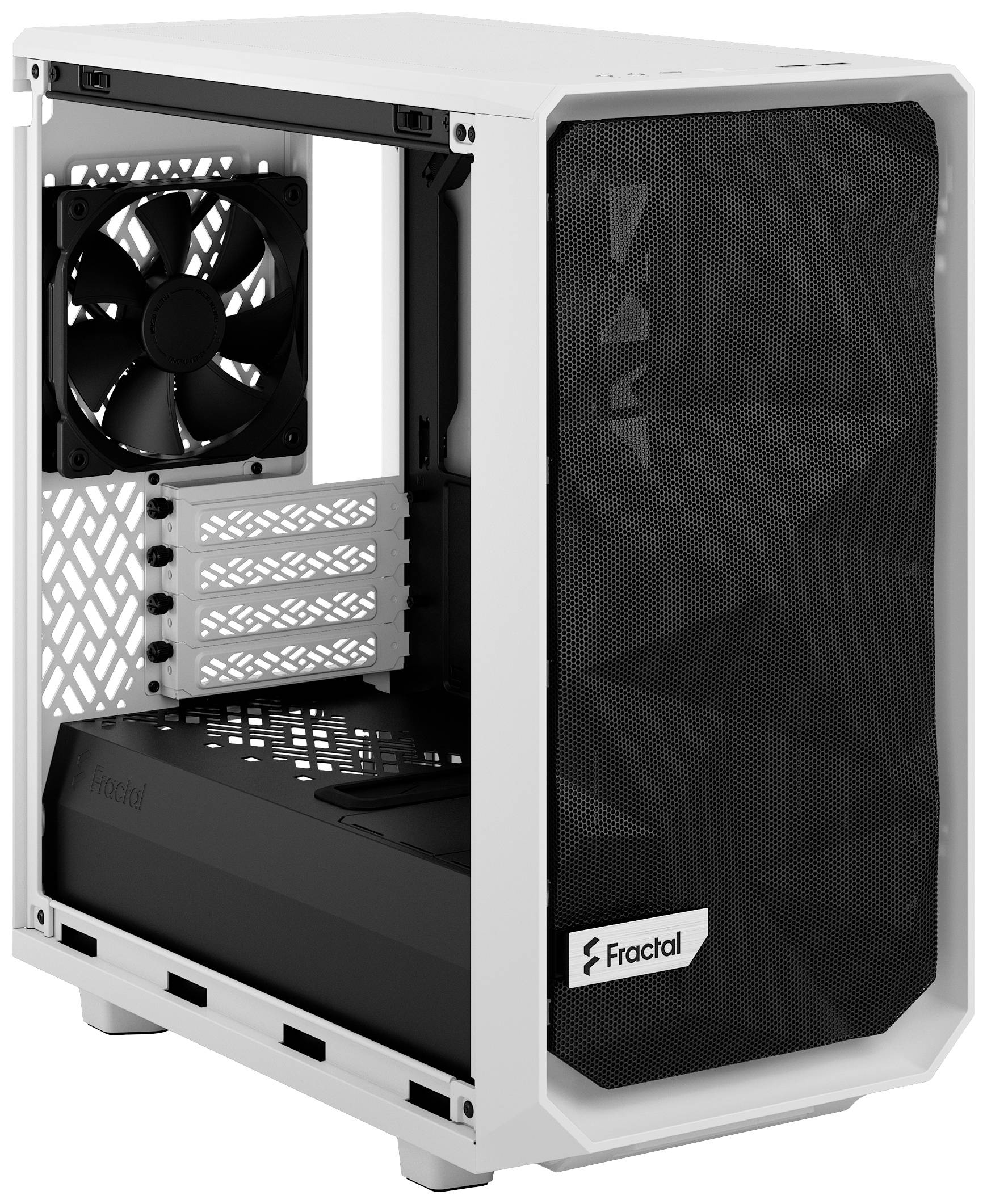 Ein weißes Computergehäuse mit einem Lüfter an der Rückwand, freiem Platz für Komponenten und einem Gitter an der Vorderseite.